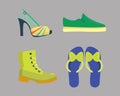 Set of womens shoes flat design vector collection of leather colored moccasins boots illustration.