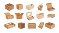 Set of Wood and Carton Boxes, Parcels for Goods Packaging Isolated Pallets and Empty Containers. Wood Drawers and Crates