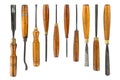 Set of wood chisel for carving wood, sculpture tools on white background Royalty Free Stock Photo