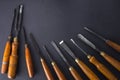 Set of wood chisel for carving wood, sculpture tools on gray background