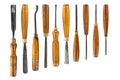 Set of wood chisel for carving wood, sculpture tools on white background Royalty Free Stock Photo
