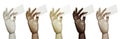 Set of wood hands of different colors holding business cards