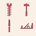 Set Wood plane tool, Metallic screw, Hammer and Chisel tool for wood icon. Vector Royalty Free Stock Photo