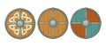 Set wood round shields with viking runes, iron border. Engraving