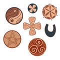 Set of wooden amulets for good luck with curls isolated on white background. Vector badges with yin yang, triskel and horseshoe.