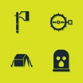 Set Wooden axe, Balaclava, Tourist tent and Trap hunting icon. Vector