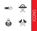 Set Wooden axe, Chainsaw, Grapple crane grabbed log and Electric circular icon. Vector Royalty Free Stock Photo