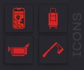 Set Wooden axe, City map navigation, Suitcase and Cinema camera icon. Vector