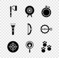 Set Wooden axe, Target sport, Canteen water bottle, Paw search, print, Flashlight and Bow icon. Vector Royalty Free Stock Photo