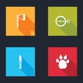 Set Wooden axe, Trap hunting, Hunter knife and Paw print icon. Vector