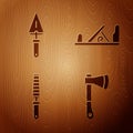 Set Wooden axe, Trowel, Chisel tool for wood and Wood plane tool on wooden background. Vector