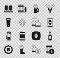 Set Wooden barrel, Beer bottle, can, beer mug, Hop, Bottle opener, brewing process and icon. Vector