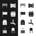 Set Wooden barrel, National Germany flag, Bench, Accordion, Farm House, Beer tap, Braid and Musical drum and sticks icon