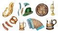 Set of wooden barrel, pint of beer, german hat, accordion watercolor illustration isolated on white. Pretzel, trumpet