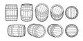 Set of wooden barrels in different positions. Front and side view,black at different angles Vector illustrations Royalty Free Stock Photo