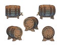 Set of wooden barrels with taps on stands in different positions. Front, side and three quarters views. Vector illustrations Royalty Free Stock Photo