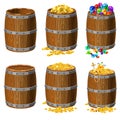 Set of wooden barrels with treasures, gold, coins, bars, precious stones, diamonds, emeralds, jewelry, empty and closed