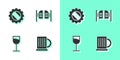 Set Wooden beer mug, Bottle cap, Wine glass and Saloon door icon. Vector Royalty Free Stock Photo