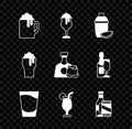 Set Wooden beer mug, Glass of, Cocktail shaker with lime, Shot glass, Beer bottle and can, and Whiskey icon. Vector Royalty Free Stock Photo