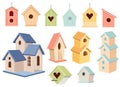 Set of Wooden Bird Houses, Colorful Birdhouses Hang on Chain, Home or Nest with Roof, Round or Heart Shaped Hole Royalty Free Stock Photo