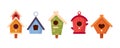 Set of Wooden Bird Houses, Colorful Feeders of Different Design with Slope Roof. Birdhouses, Home or Nest with Holes Royalty Free Stock Photo