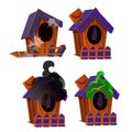 Set of wooden birdhouses with a bat inside and poisonous smoke isolated on white background. Sketch for a poster or card