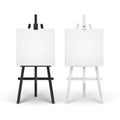 Vector Set of Wooden Black White Easels with Mock Up Empty Blank Square Canvases Isolated on Background Royalty Free Stock Photo