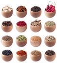 Set of wooden bowls full of different spices Royalty Free Stock Photo