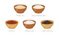 Set of wooden bowls with rice seed of different types. Arborio, dark wild rice, red, long basmati rice and brown rice. Royalty Free Stock Photo