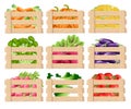 Set of wooden box for vegetables keeping and fruits wood crates front view with fresh food with illustration isolated on wh Royalty Free Stock Photo