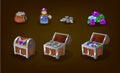 Set of wooden chests with silver coins and gems for the game UI. Bag with coins. Bottle with potion. Isolated vector cartoon