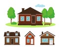 Set of wooden country houses witn trees on white background.