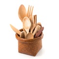 Set of wooden cutlery in Wicker baskets isolated on a white back Royalty Free Stock Photo