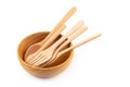 Set of wooden cutlery in Wicker baskets isolated on a white back Royalty Free Stock Photo