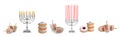 Set with wooden dreidels, doughnuts and silver menorahs on white background, banner design. Hanukkah celebration Royalty Free Stock Photo