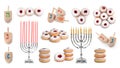 Set with wooden dreidels, doughnuts and silver menorahs on white background. Hanukkah celebration Royalty Free Stock Photo