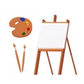 Set wooden easel empty blank paper mock up with palette and brushes in cartoon style isolated on vector white