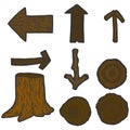 A set of wooden items. Stump, firewood and signs. Engraving raster. Sketch scratch board imitation.