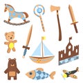 Set of wooden kid toys. Collection ecological figure icons of vintage toys and devices for children. Retro cartoon