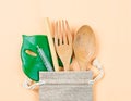 Set of the wooden kitchen utensils with green leaf Royalty Free Stock Photo