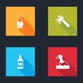 Set Wooden log, axe, Beer bottle and Flying duck icon. Vector Royalty Free Stock Photo