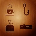 Set Wooden log, Coffee cup, Camping gas stove and Fishing hook on wooden background. Vector