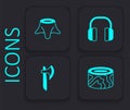 Set Wooden logs, Tree stump, Headphones and axe icon. Black square button. Vector Royalty Free Stock Photo