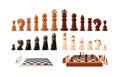 Set of wooden and marble chess game pieces and figures on chess board. Chessboard with figures and clock. Board game Royalty Free Stock Photo