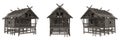 Set of 3 wooden medieval buildings isolated from 3 different angles. 3D illustration