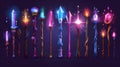 Set of wooden and metal sticks with crystals and glow. Modern cartoon set of sorcerer or magician wooden and metal Royalty Free Stock Photo