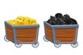 Set wooden mine cart with gold and coal ore, minerals in cartoon style isolated on white background. Trolley, retro