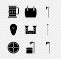 Set Wooden mug, Body armor, Medieval halberd, Round wooden shield, Executioner axe in tree block, Shield and Castle icon