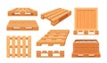 Set Of Wooden Pallets Freight, Delivery And Warehousing Service Equipment. Wood Trays In Different Positions