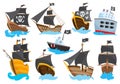 Set of Wooden pirate buccaneer filibuster corsair sea dog ship icon game, isolated flat design. Color cartoon frigate Royalty Free Stock Photo